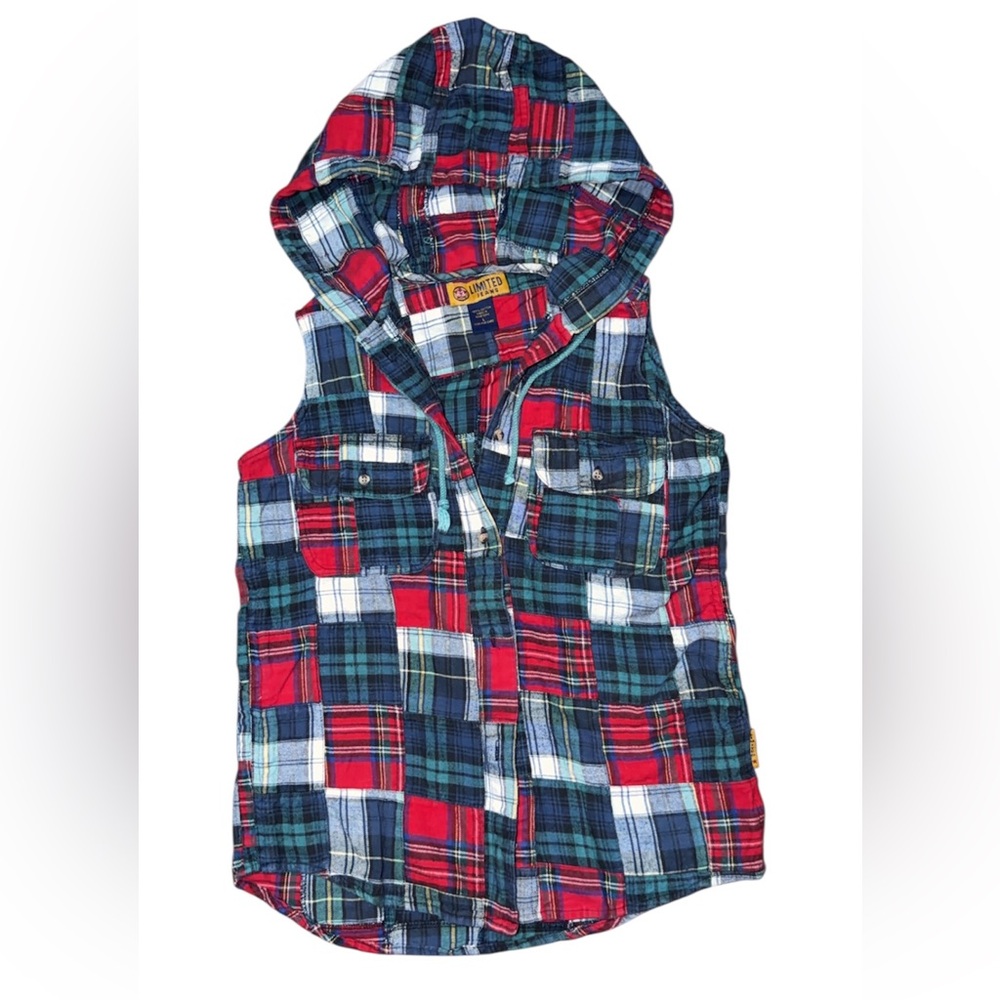 The Limited Juniors Plaid Hooded Vest - Red, Blue, White